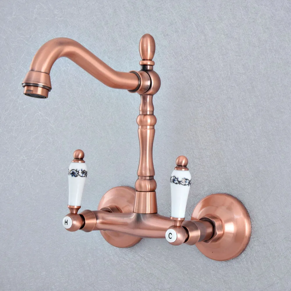 

Antique Red Copper Brass Wall Mounted Kitchen Wet Bar Bathroom Vessel Basin Sink Hot Cold Mixer Tap Swivel Spout Faucet msf870