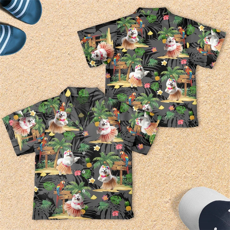 Cute Hula Dog Female Beach Shirt Chihuahua Rottweiler Kawaii Girl Short Sleeve Samoyed Shirts For Men Clothes Aloha Lapel Blouse