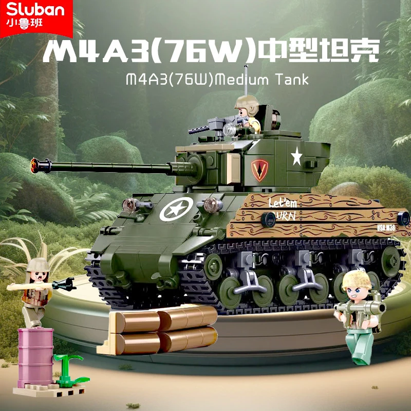 

SLUBAN Pacific Storm M4A3 Medium Tank Building Blocks, Military Assembly Model, Desktop Decor Toy & Gift