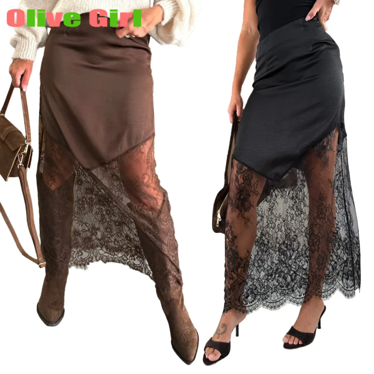 กระโปรงสั้นทรงสวยสไตล์เซ็กซี่ 2025 ยุโรปอเมริกา ฤดูใบไม้ร่วง ฤดูหนาว กระโปรงผู้หญิงเซ็กซี่แต่งลูกไม้แบบต่อผ้า ความยาวปานกลาง