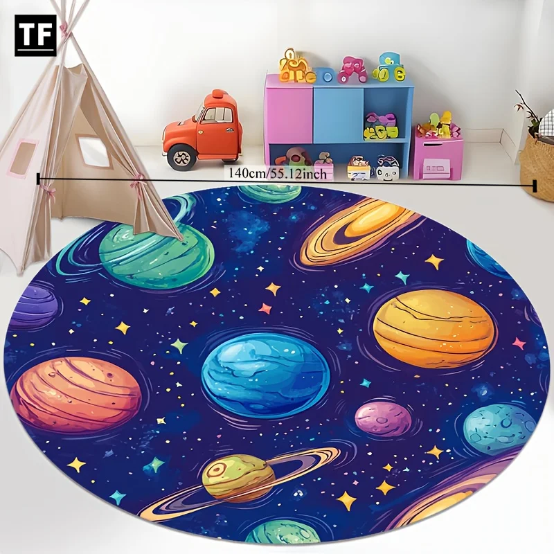 Vibrant Solar System Planet Glitter Star Printed Round Carpet, Cute Outer Space Anti-slip Rug for Entryway Toddler Room Bedroom