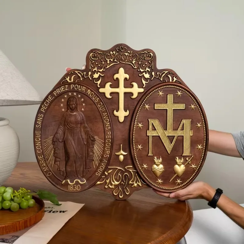 Estatua de la Virgen María con medalla milagrosa, artículo religioso católico, colgante de pared para el hogar, decoración cristiana de madera, regalo religioso