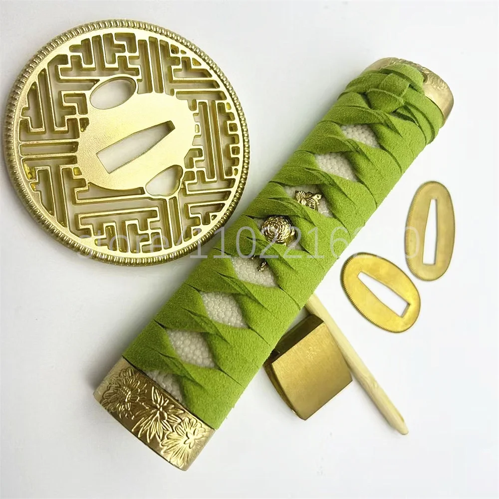 Unique Green Handle Real Rayskin Tsuka Brass Handguard Tsuba Habaki Seppa For Japanese Samurai Katana Tachi Sword Fittings
