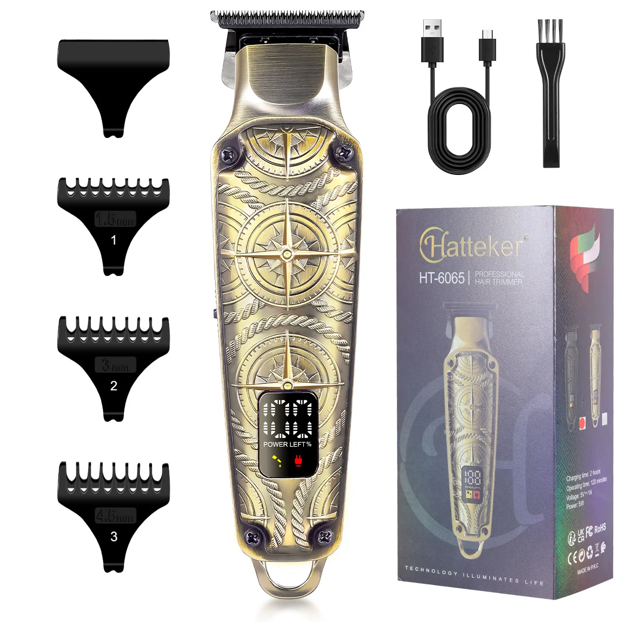

Ретро-триммер для волос Hatteker для мужчин, быстрая зарядка через USB, 1200 мАч, LED-дисплей, прецизионная машинка для стрижки волос и ухода за бородой