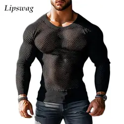 Fashionable Mesh See Through T Shirts Mens Long Sleeve O Neck Slim Fit T-shirt Sexy Transparent Hollow Out Men Tops Streetwear