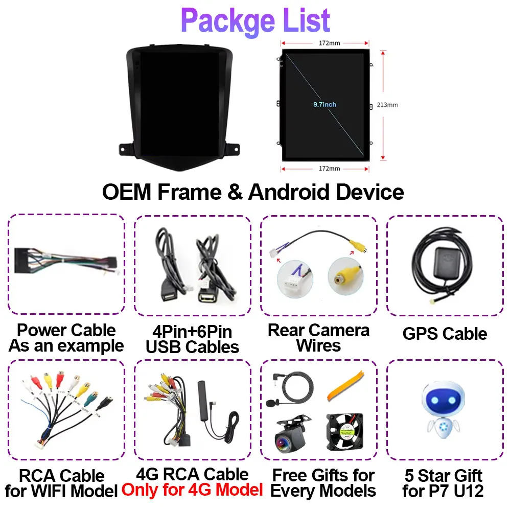 9.7"7862S Android 13 Car radio for Chevrolet Cruze J300 2008-2012 Tesla style Multimedia Video player 4G Carplay GPS Navi Stereo