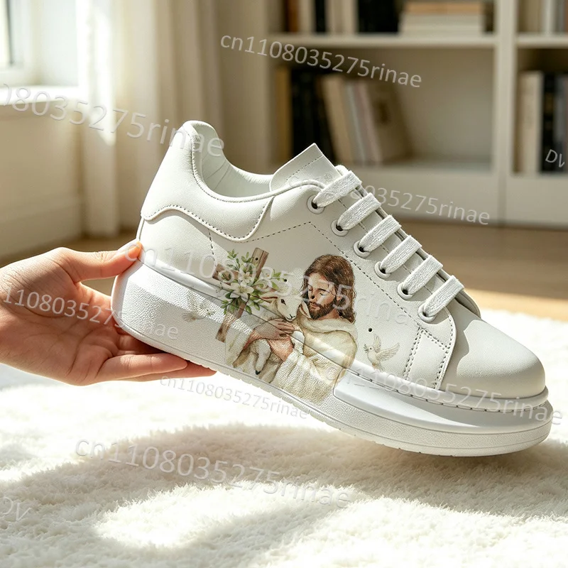 Picture 5: Personalized Unisex Thick Platform Board Shoes Jesus Cross Lamb Dove Rose Floral Graphic PU Leather Lace Up Flat Shoes