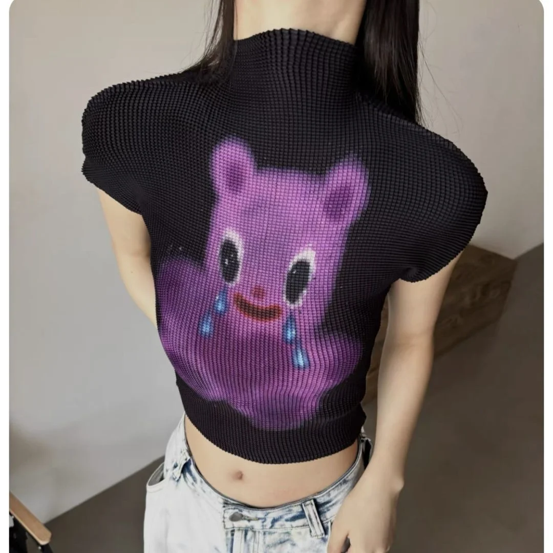 

Summer teddy bear print semi high neck short sleeved women's T-shirt Summer y2k American spicy girl slim fit women's tops