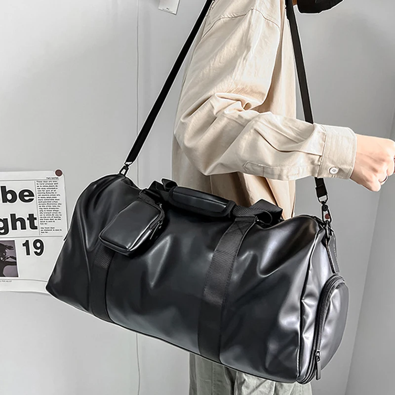 

PU Travel Bag Large Capacity Crossbody Pack with Mini Coin Purse Short-Distance Luggage Duffel with Shoes Pocket Gym Handbag