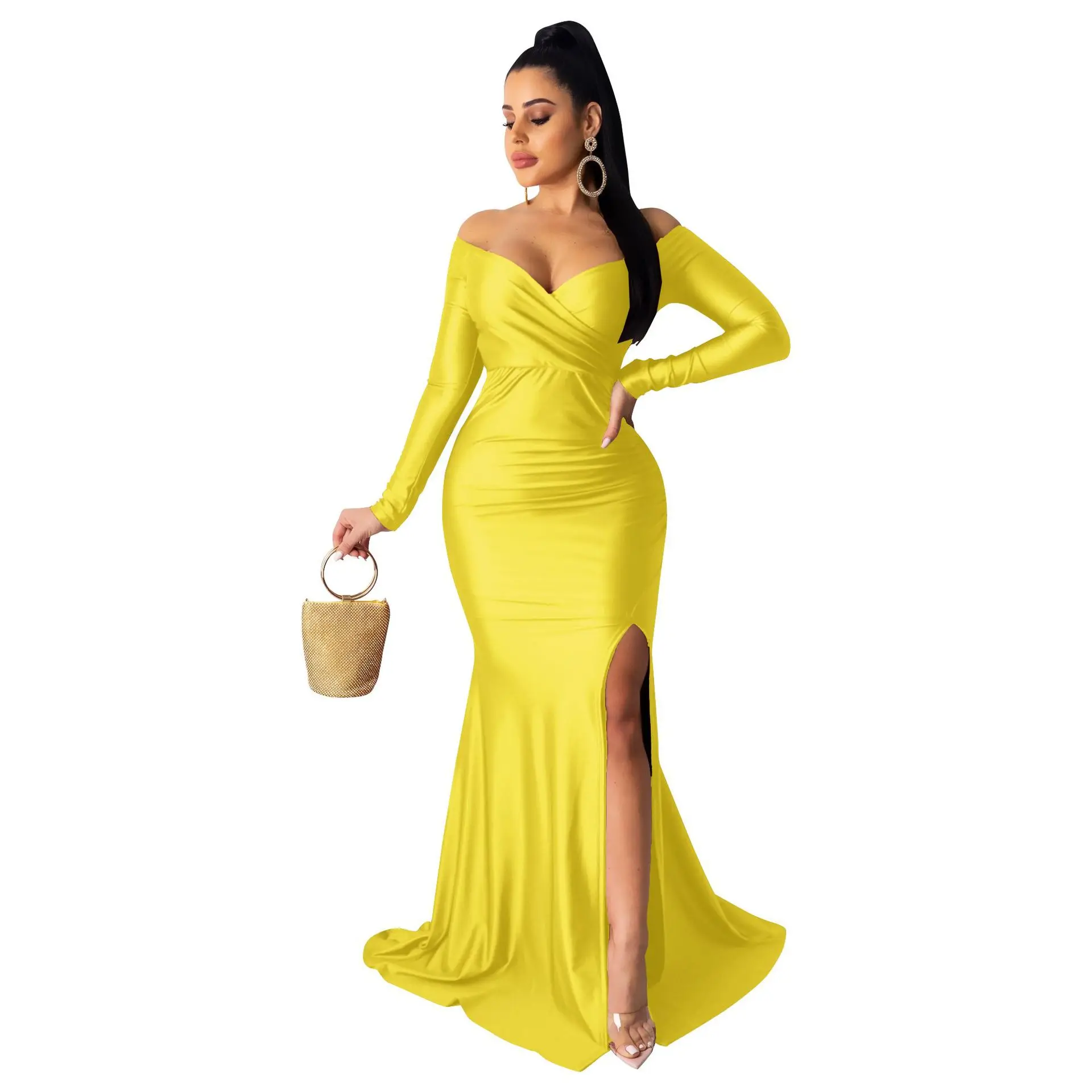 ชุดราตรีเซ็กซี่สำหรับผู้หญิง AL143, ชุดราตรีคอวีสำหรับใส่ไปไนต์คลับ, ชุดเดรสยาวสีพื้นผ่าสูง, ชุดเดรสยาวแขนยาวสำหรับงานทางการในฤดูใบไม้ร่วง