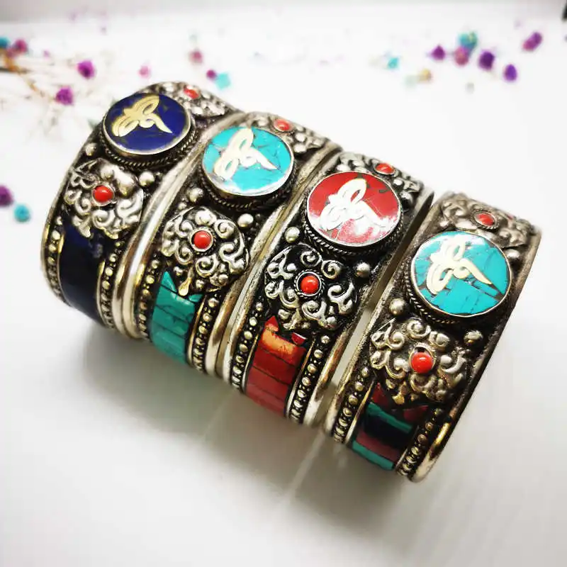 Tibetan Jewelry Buddha Eye Amulet Bangles Copper Inlaid Stone Multi Colors Vintage Dancing Open Cuff for Man BB-010