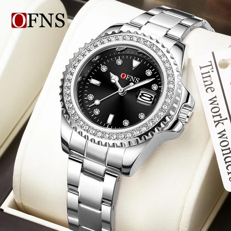 OFNS1563 Women's Quartz Watch Simple Diamond Inlaid Waterproof Luminous Calendar Three Needle Business Fashion Women's Watch