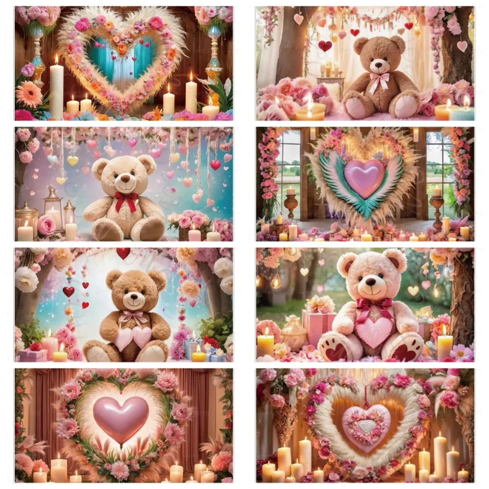

Valentine's Day Love Wreath Rose Pendant Teddy Bear Photography Background, Birthday Party Decoration Photography Backdrop Cloth