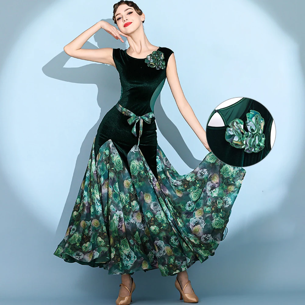 Standard Competition dress Crewneck Velvet Waltz Ballroom Dress Red Print Sleeveless Stage Performance Costume Green
