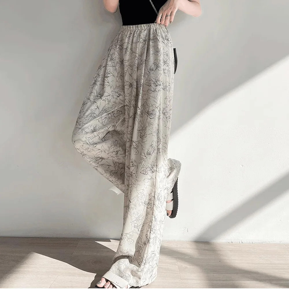 

Women Summer Fashion Beach Vacation Pants Lady Baggy Wide Leg Straight Leg Ice Silk Trousers Female Casual High Waisted Slacks