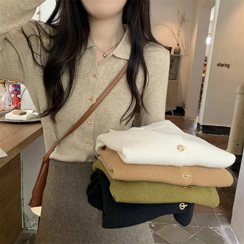 Knit Women Spring 2024 New Polo Collar Button Base Long sleeve Inner wear Crop Cardigan Sweater Top Autumn and Winter