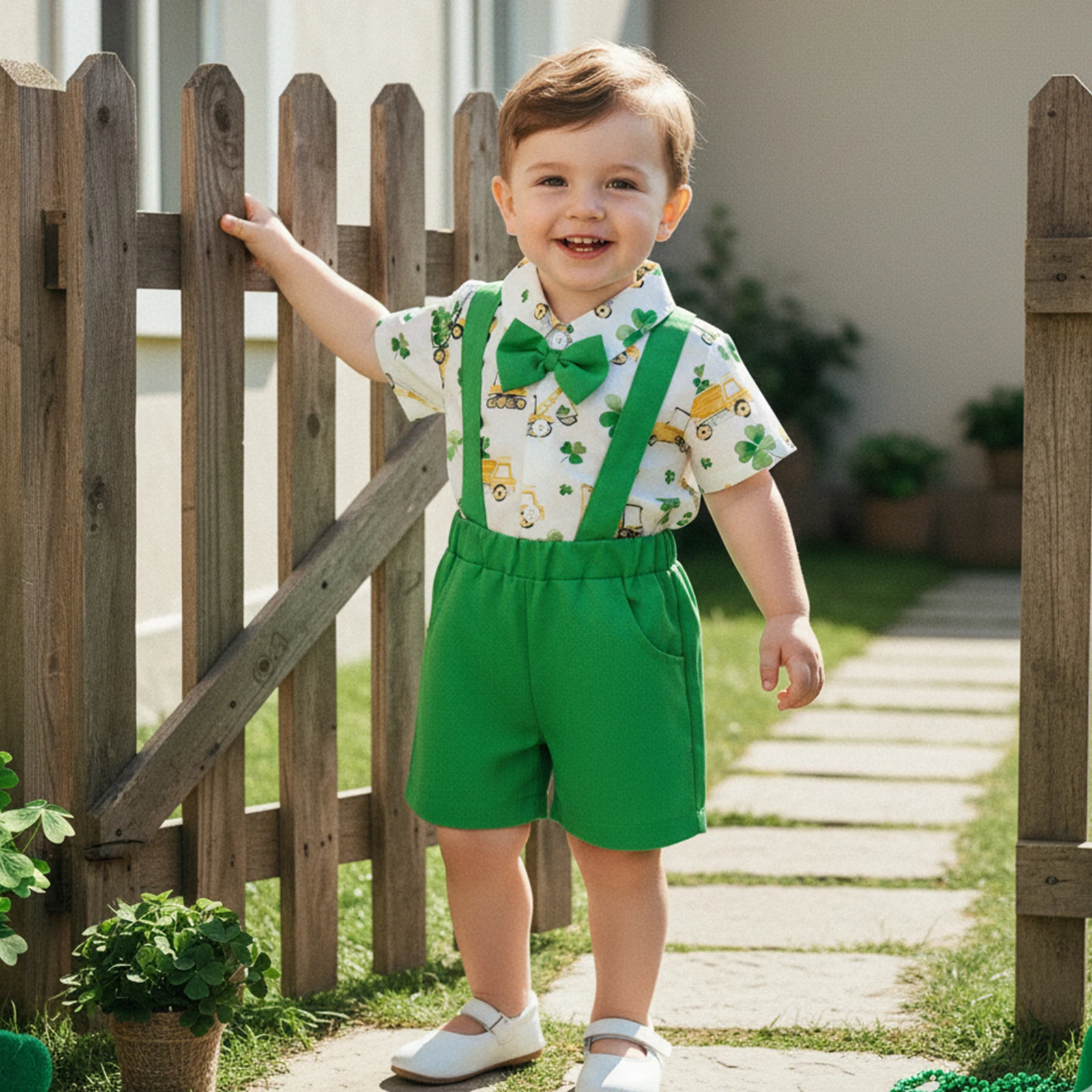 طفل الفتيان 2 قطعة ملابس الربيع قصيرة الأكمام البرسيم طباعة رومبير الحمالة مجموعة تي شيرتات قصيرة للأطفال الوليد الأولاد الملابس الرسمية مجموعة #1