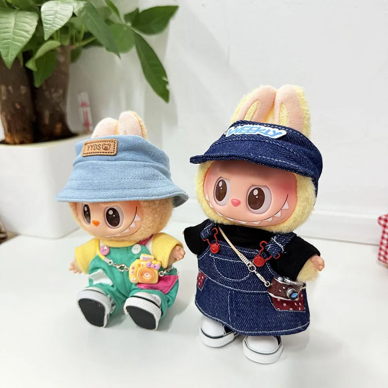 15/17 cm da 1a a 3a generazione LABUBU / DIMOO Abbigliamento con tasche Salopette in denim a pois rosso caramello con cappello da pescatore