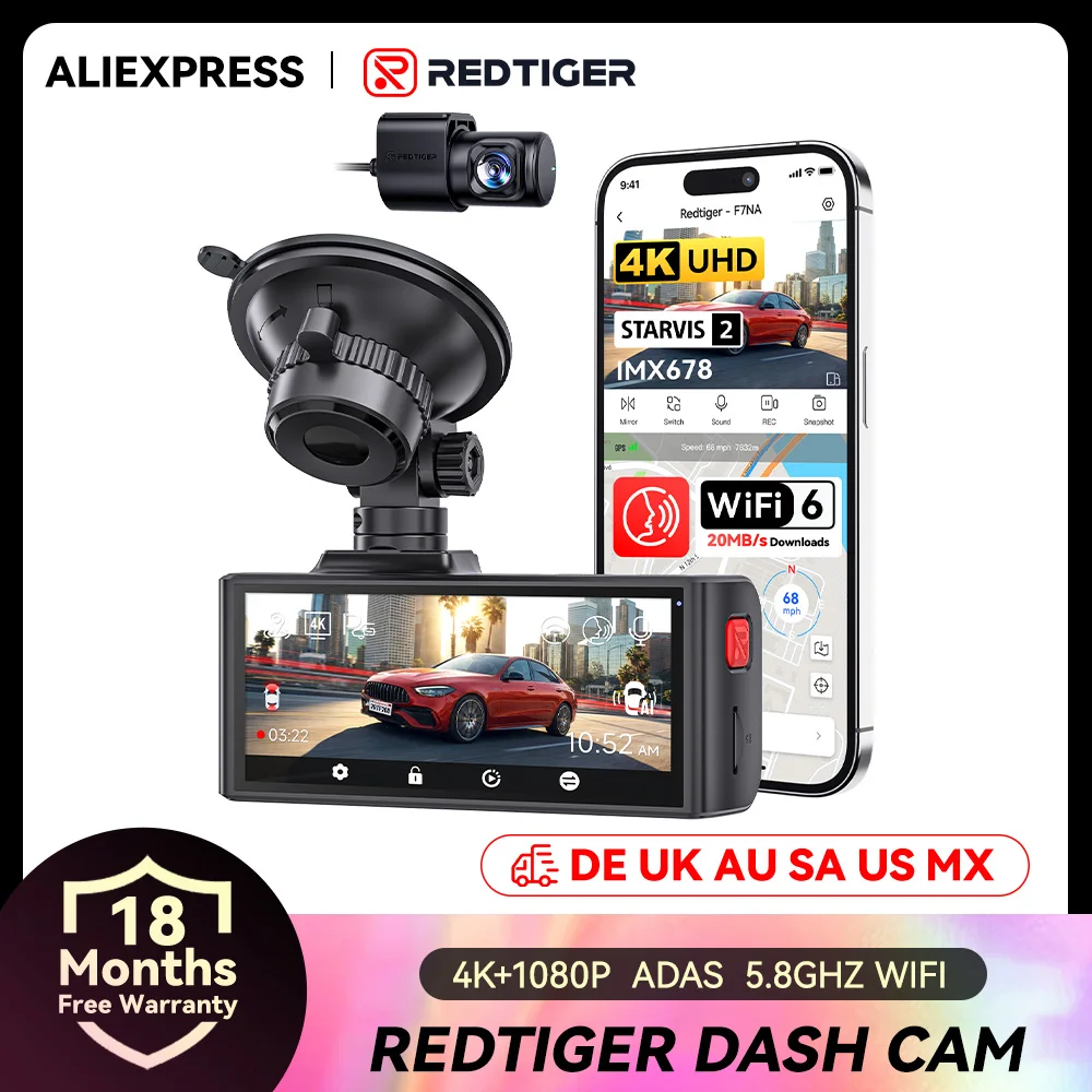 Caméra embarquée REDTIGER F7NA 4K+1080P avec WiFi 5.8G intégré et GPS, trois modes de contrôle, surveillance de stationnement 24h/24