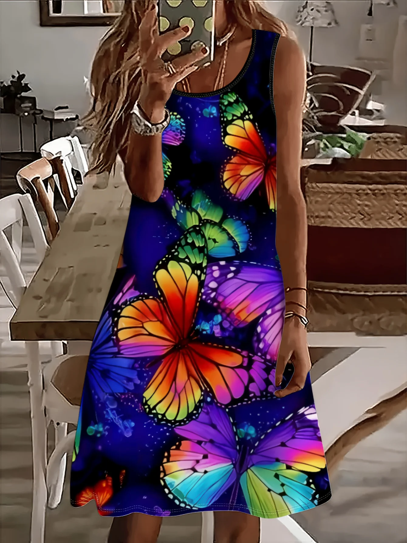 Ärmelloses A-Linien-Sommerkleid für Damen, Blumen- und Schmetterlingsdruck, lässig, leicht, atmungsaktiv, Damenbekleidung, lässige Oberteile