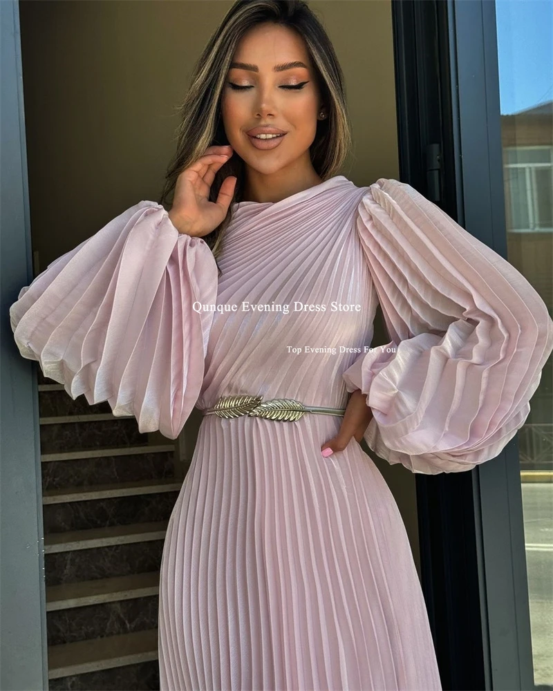 Qunque Pink A-line Prom Dresses With Long Sleeves Saudi Arabia Women Customized Evening Party Gown Vintage Pleat Robes De Soirée