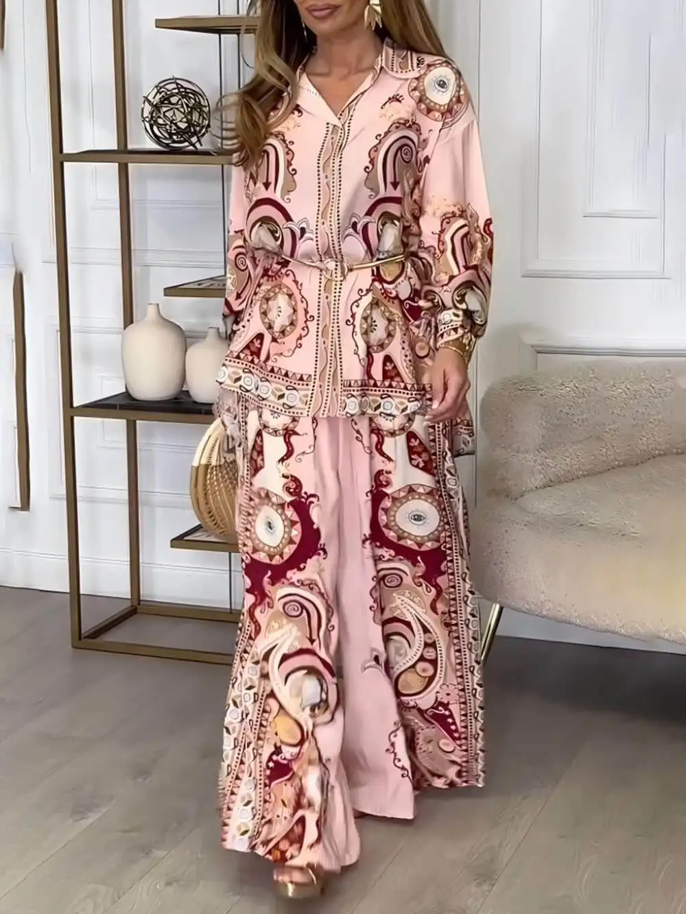 

Fashion Boho Print Two Piece Set Loose Lapel Long Sleeve Single Breasted Belt Shirt Wide Leg Pants Suit For Women Spring New