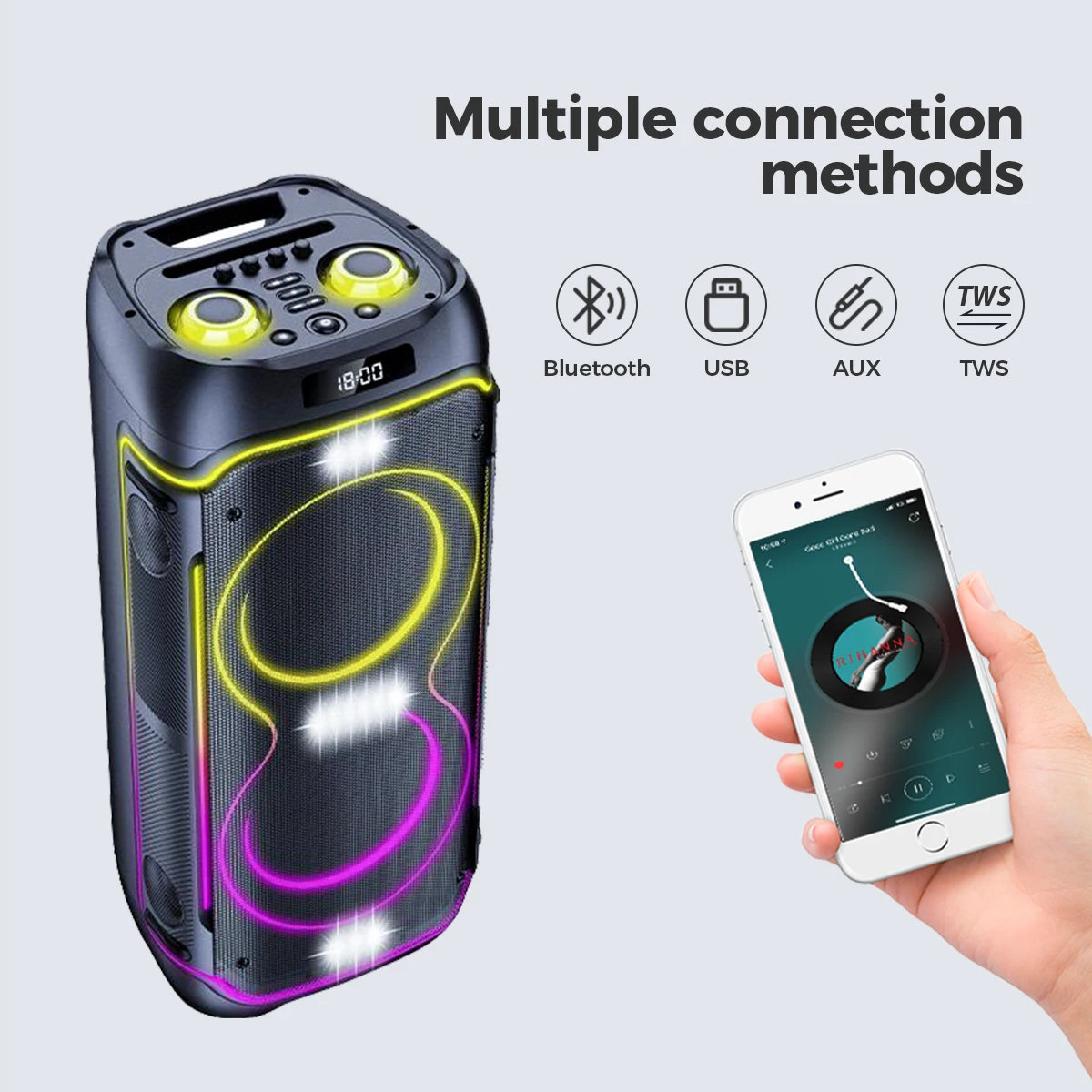 Hot Sale PartyBox Grote 100w RGB LED-verlichting Draadloze luidspreker met Super Bass 8inch Party-luidspreker