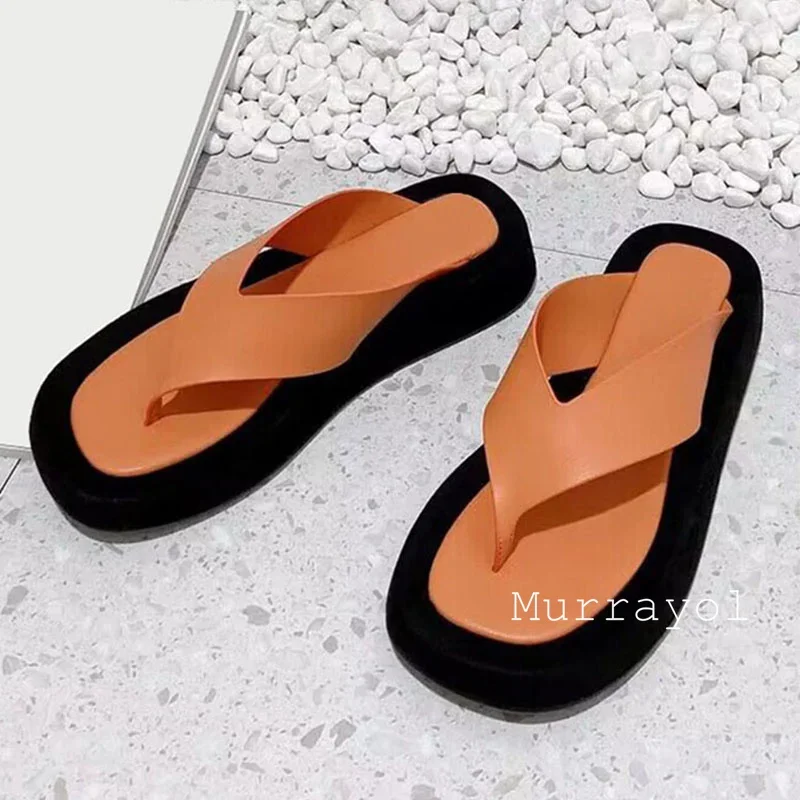 Zapatillas de cuero genuino de colores mezclados, chanclas de suela gruesa para mujer, zapatos de playa para vacaciones al aire libre, zapatos de natación