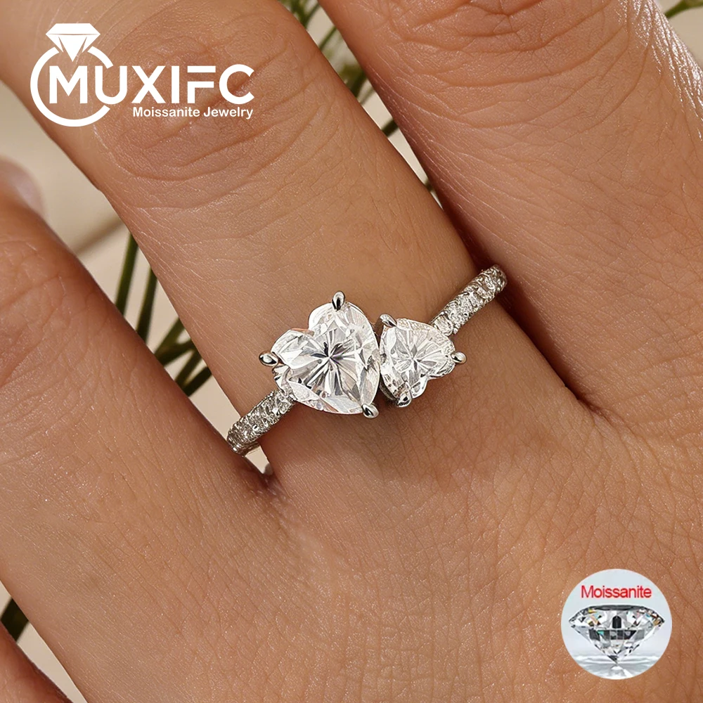 

MUXIFC 1.84cttw Moissanite Wedding Ring with Certificate Sparkling 2 Stone Heart Cut Lab Diamond Engagement Band 925 Silver Gift
