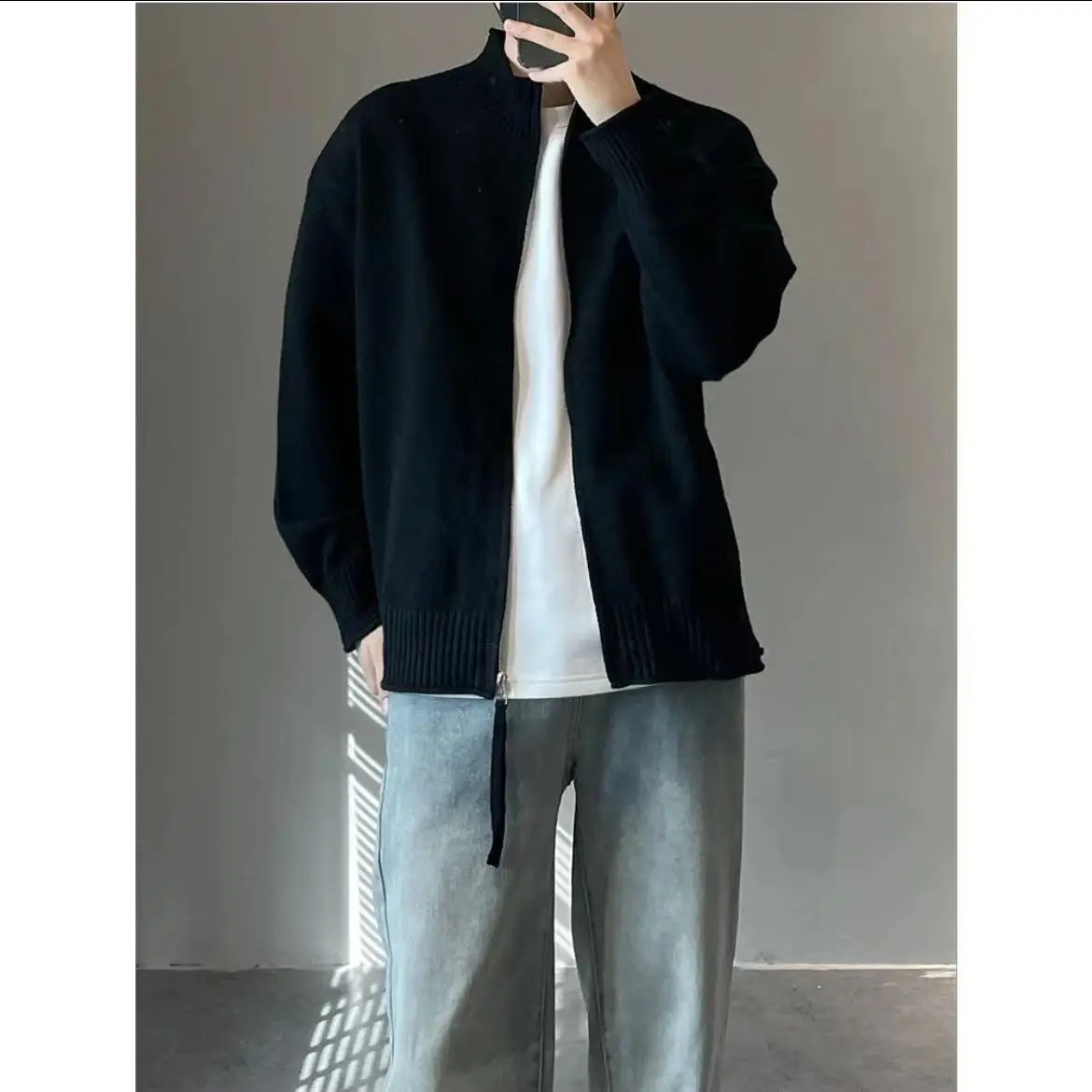 

Мужской вязаный кардиган, однотонный длинный свек, повседневный свитер, осенний новый корейский коврик, свободная посадка на молнии Faio...