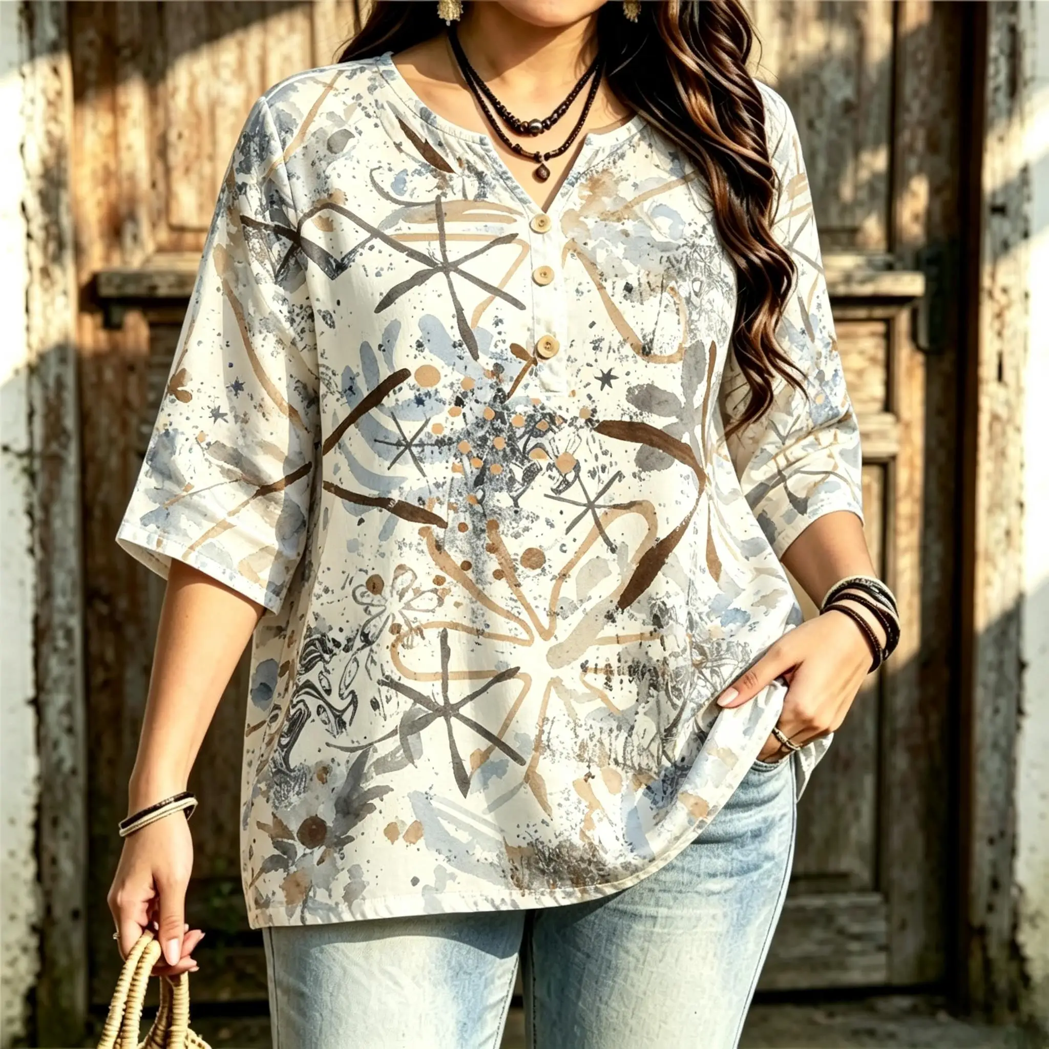 Women Abstract Ink Splash Line Print Blouse Notched Neck 3/4 Sleeve Loose Casual Ladies Tops Retro Art Pattern Shirts