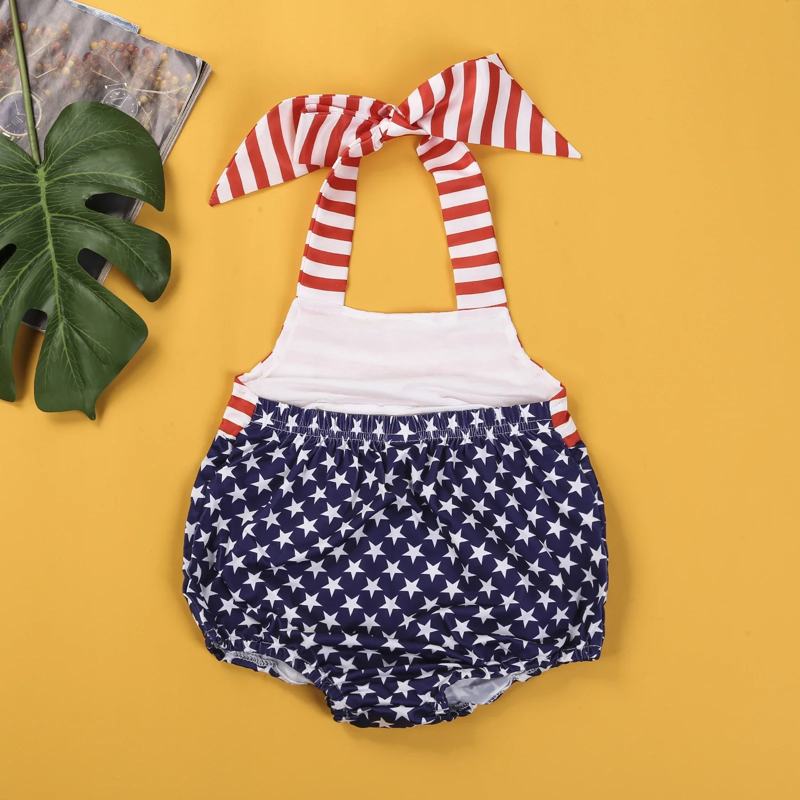 0-24M Baby Cotton Striped Star Print Jumpsuit With Striped Print Hanging Neck and Bow Tie Casual and Fashionable Jumpsuit