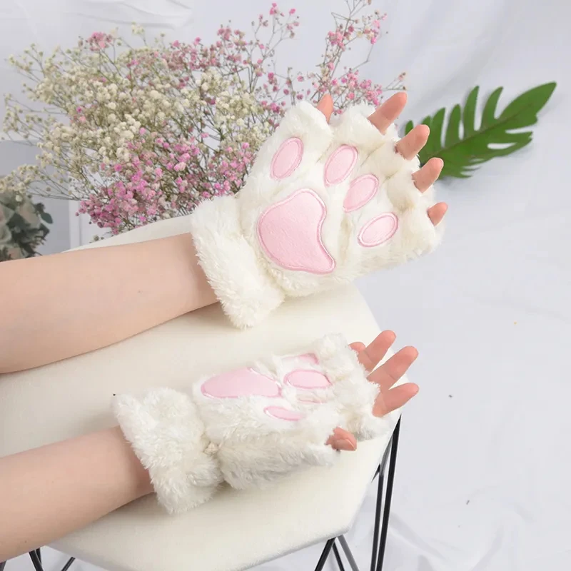 Lovely Cat Claw Women Gloves Fashion Girls Fluffy Plush Mittens Warm Soft Plush Short Fingerless Half Finger Winter Gloves