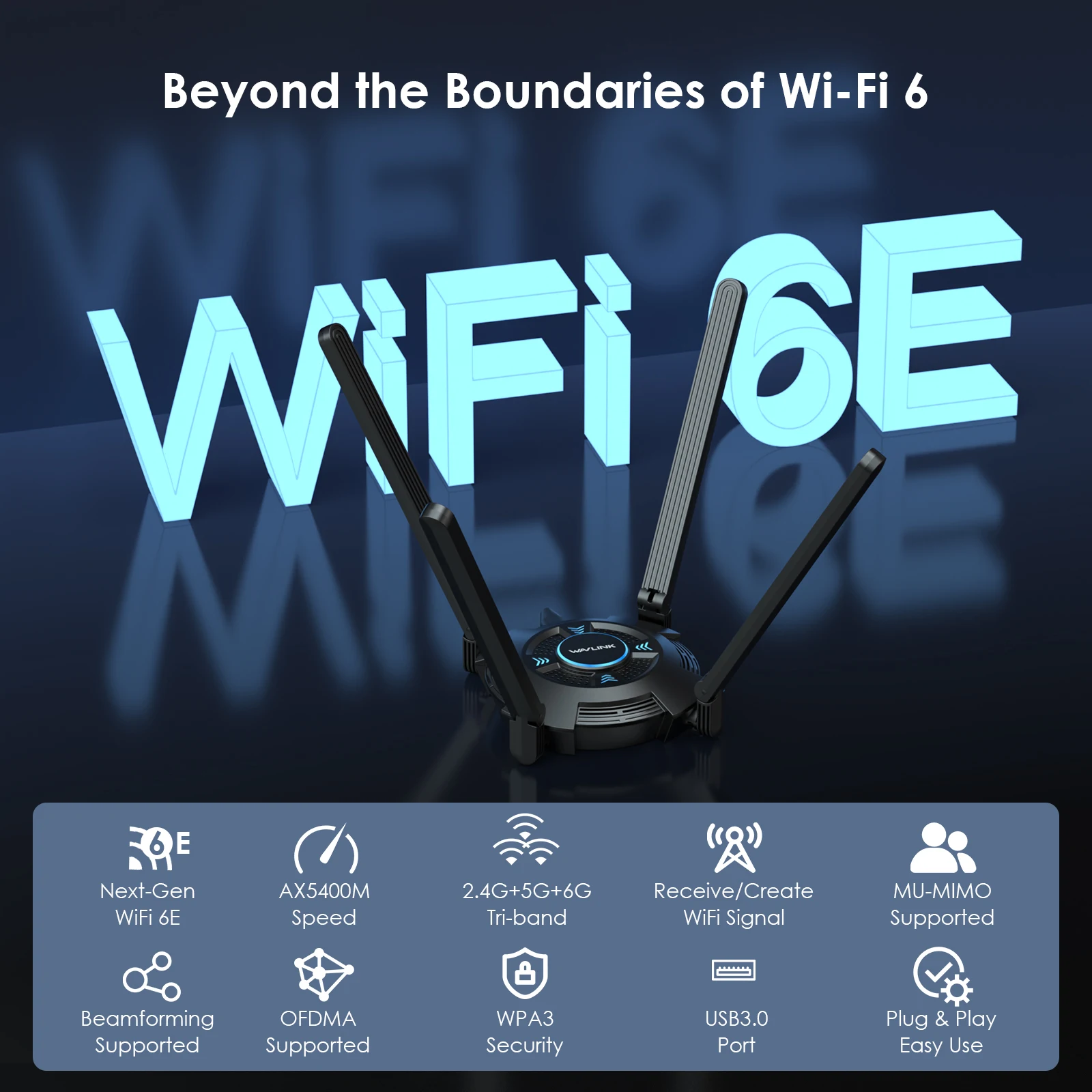 محول WAVLINK USB WiFi للكمبيوتر AX5400 ثلاثي الموجات 2.4/5/6 جيجا هرتز محول الشبكة اللاسلكية مع 4 هوائيات عالية الكسب 5dBi لسطح المكتب