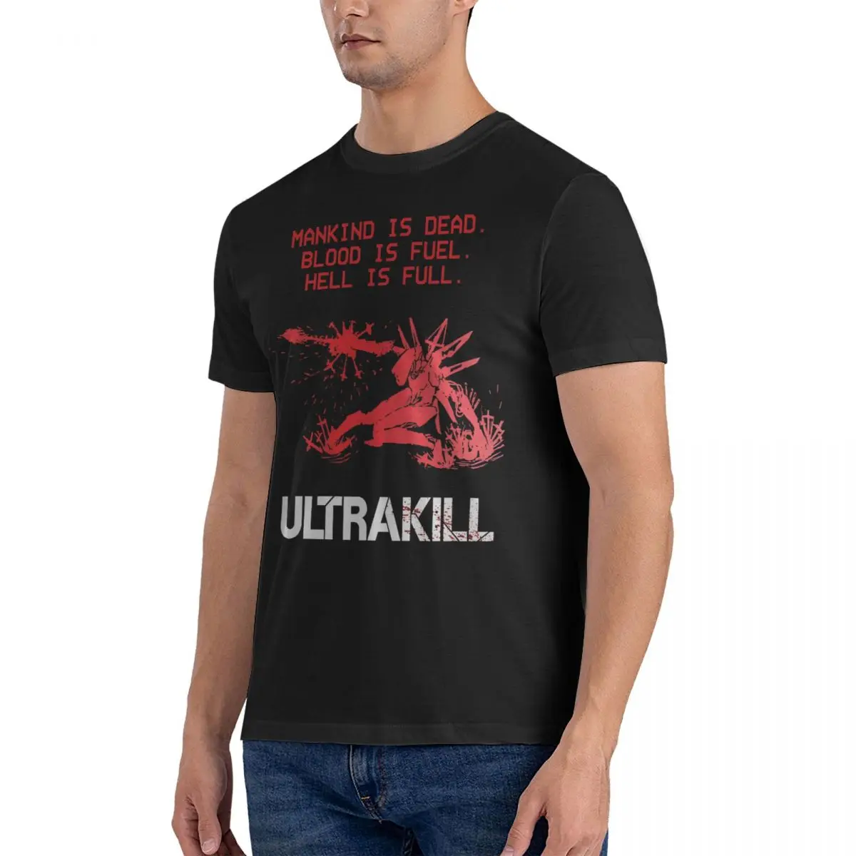 Hell T-Shirts for Men Ultrakill Humorous 100% Cotton Tees Crewneck Short Sleeve T Shirts Printing Clothes