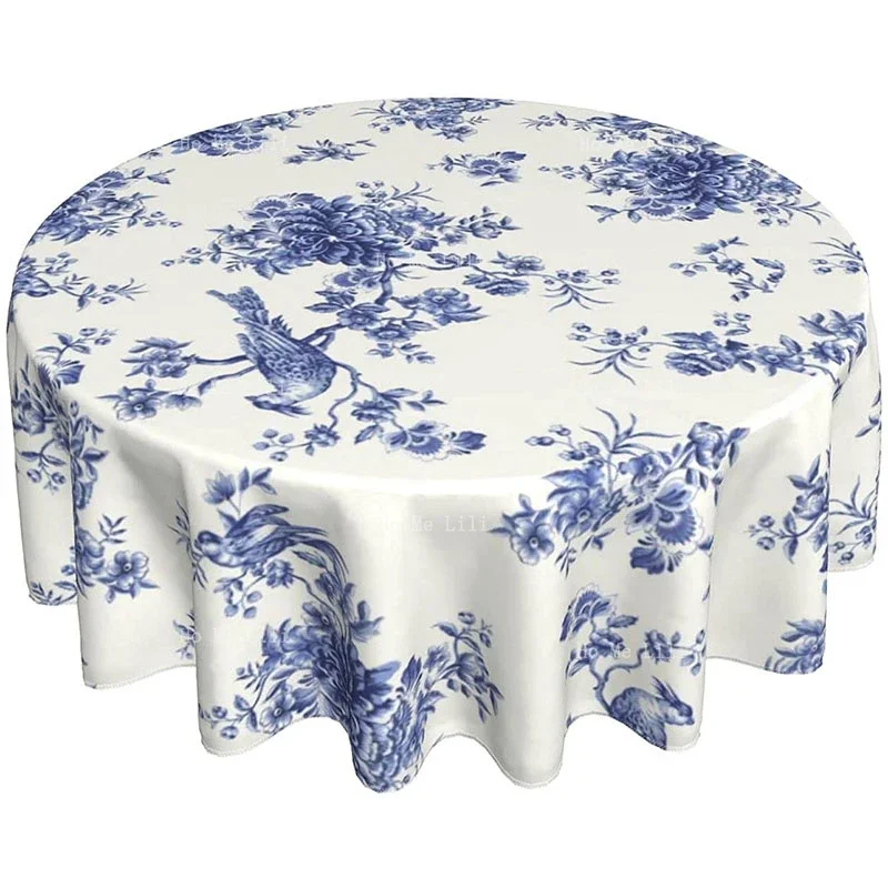 Happy Memories Scalloped Blue And White Spring Floral Summer Birds Rustic Wrinkle Resistant Round Tablecloth For Tabletop Decor