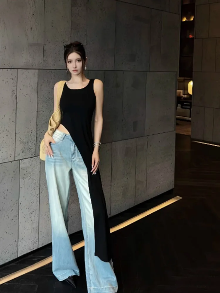 เดรสทรงคอกลมแบบสายเดี่ยวเอวสูงสำหรับผู้หญิง ดีไซน์ทันสมัยและเท่ห์ ใช้งานได้หลากหลาย ด้านเดียวทรงเฉียงไม่สมมาตร