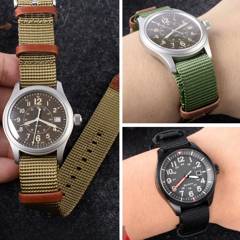 High Quality Nylon Genuine Leather Watchband for Hamilton Army Green Gray Field H69439931 411 Series Men\'s Outdoor Watch Strap