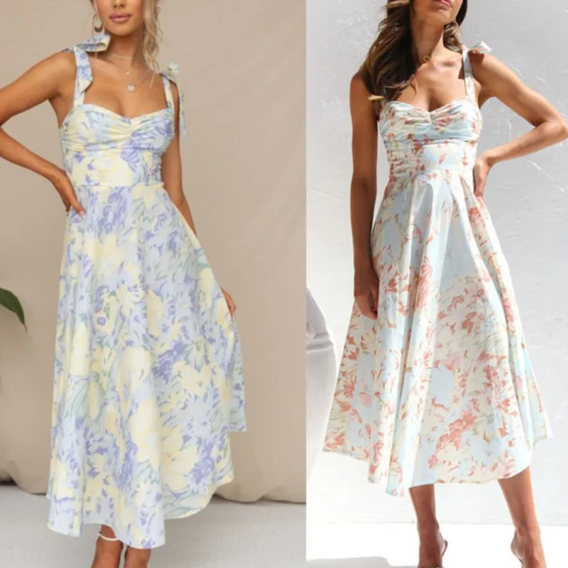 

Summer Sexy Suspender Floral Print Dress For Women Slimming V-Neck Long Dresses Casual Bohemian Sleeveless Female Party Dress
