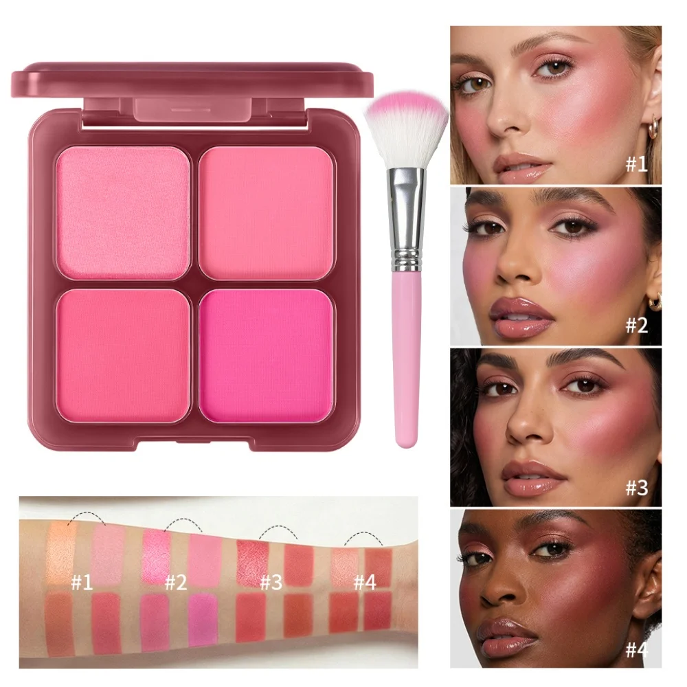 Multi-use 4 Color Blush Palette Built-in Brush High Pigment Matte Blush Highlighter Warm Tones Soft Focus Single & Mixed Makeup