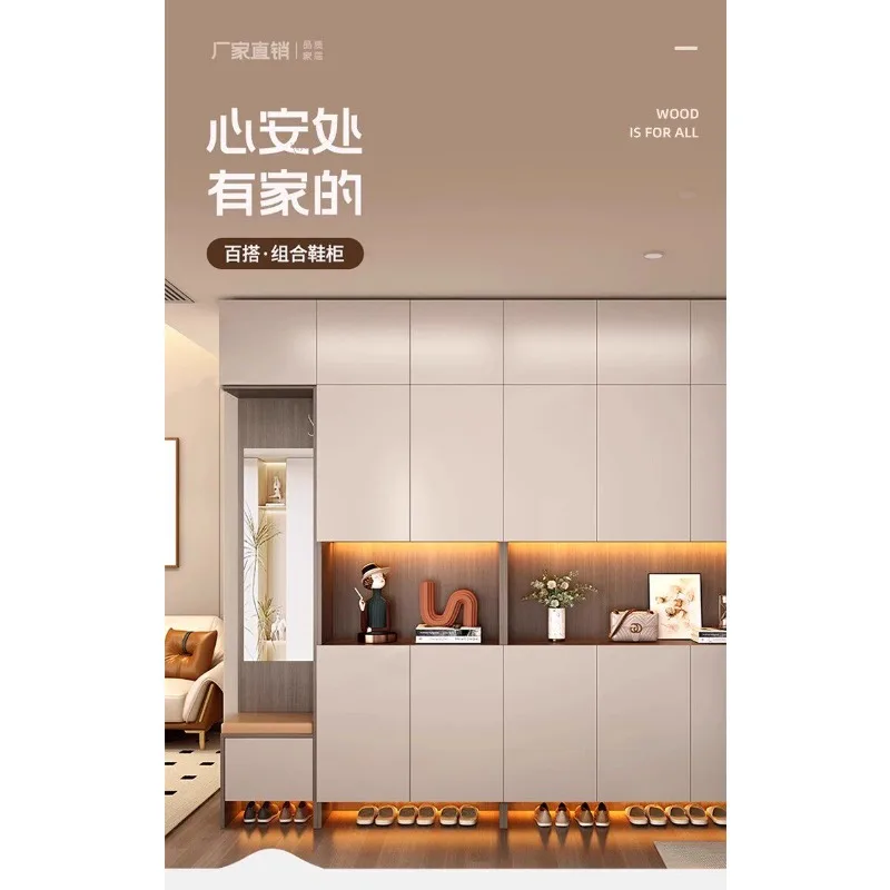 Solid wood shoe cabinet household door entrance cabinet integrated against the wall with shoe change stool locker living room pa