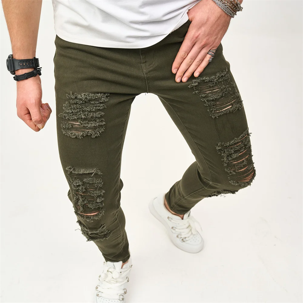 Street style Men Skinny Holes Beggar Jeans Good Quality Men\'s Distressed Stretch Slim Jogging Pencil Denim Pants Male Trousers
