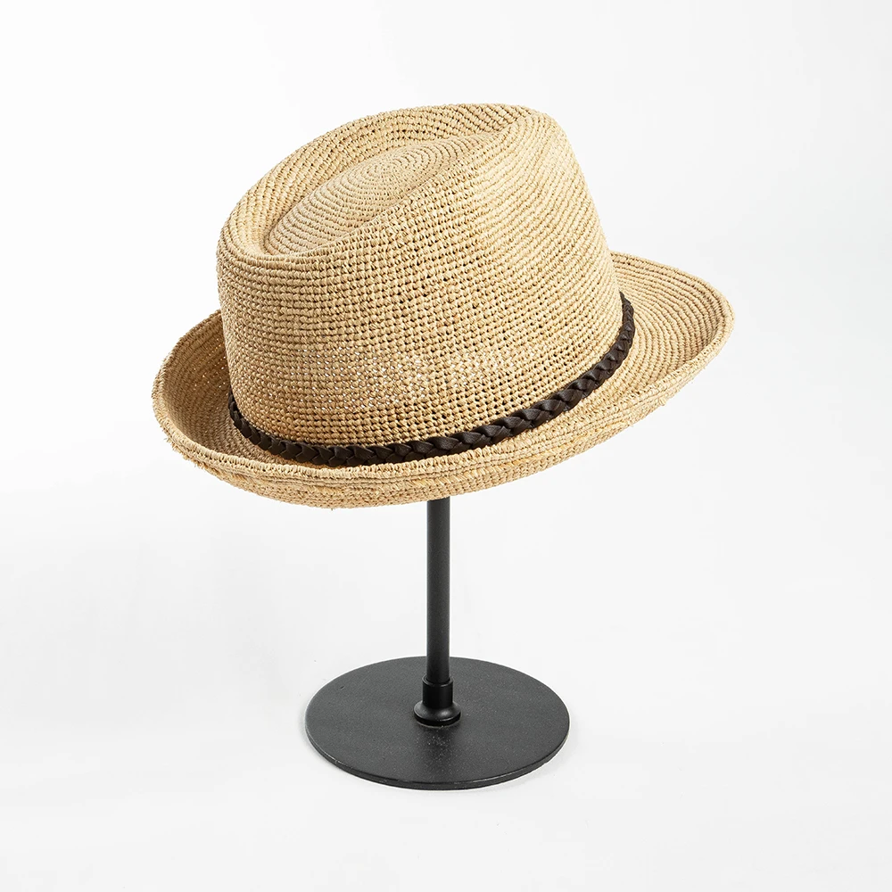 100% Raffia straw hat fedora straw hat short brim with PU weaved belt unisex