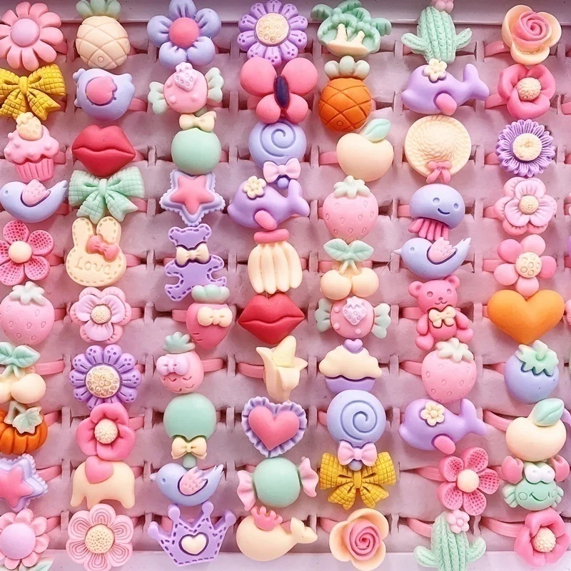 Lovely 100Pcs/Lot Children's Cartoon Rings Mixed Matte Jelly Color Finger Ring Kid Baby Girl Resin Jewelry Party Gift Wholesale