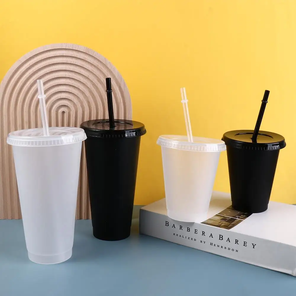 Drinkware Food Grade PP Plastic Change Color Straw Mugs with Lid Matte Water Cup with Straw 475ml/601-700ml Straw Cup Gift