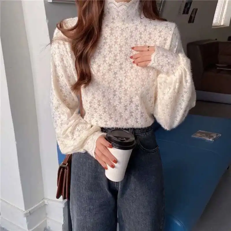 Women Spring Streetwear Knitted Sweater Hollow Lace Elegant Knitwear With Frayed Raw Hem Long Sleeve Ladies Solid Knitting Tops