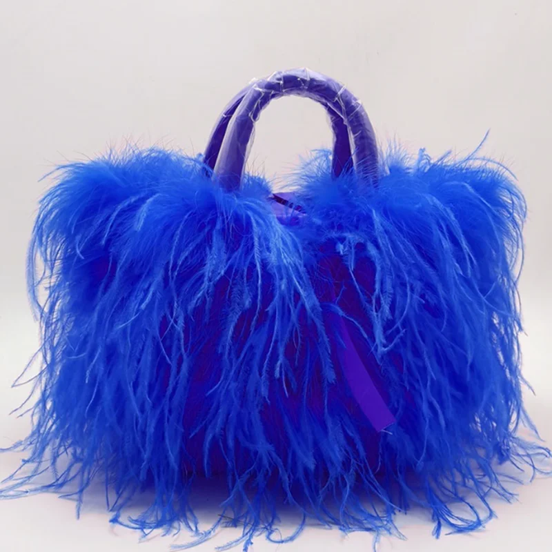 

Luxury Lady Shoulder Bag blue Ostrich Feather Handbag Exquisite Evening Clutch Bag Banquet Wedding Purse for Women Girl