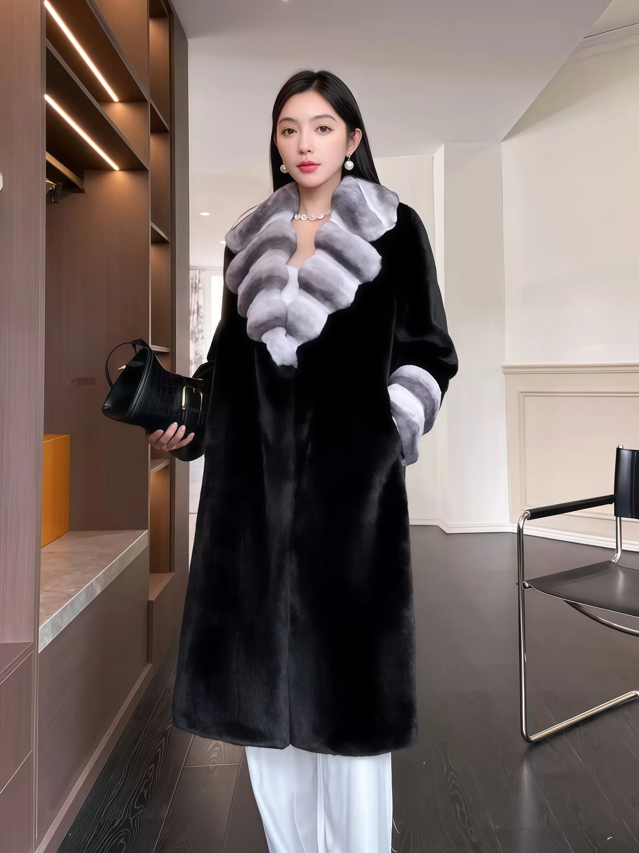 따뜻하고 폭신한 두꺼운 인조 모피 코트 라펠 긴소매 퍼 코트 우아한 겨울 코트 여성용 롱 탑 코트 고품질 친환경 퍼