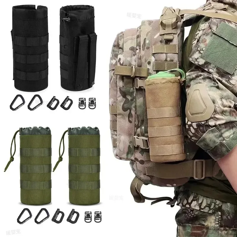 Adjustable Drawstring Nylon Molle Water Bottle Pouch Tactical Kettle Storage Bag For Outdoor Hiking Camping Hunting Cycling