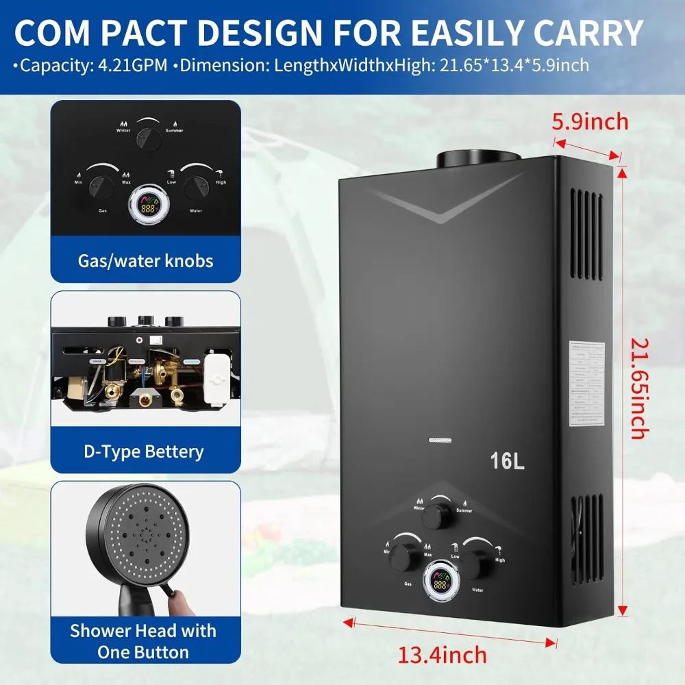 Calentador de agua sin depósito, 4.21GPM, 16L, portátil, para exteriores, calentador de agua de propano instantáneo con pantalla Digital